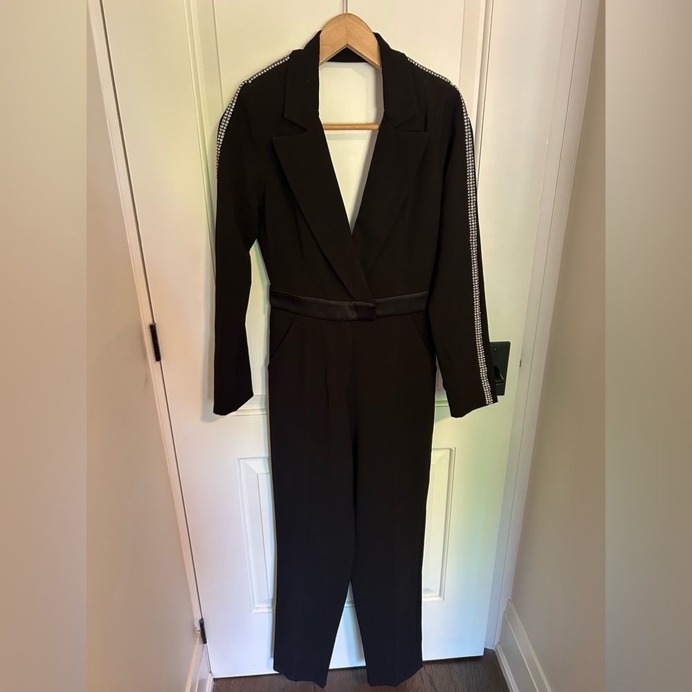 OUTLINE London Womens Black Jumpsuit with Crystal-Trim Sleeves